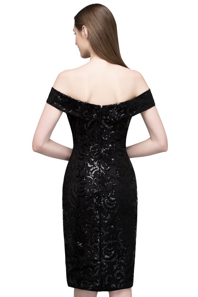 Vestidos de fiesta negros cortos con lentejuelas y hombros descubiertos