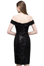 Vestidos de fiesta negros cortos con lentejuelas y hombros descubiertos