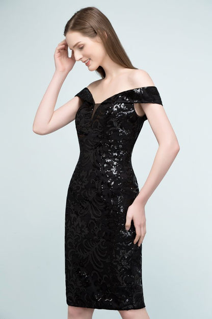 Kurzes, schulterfreies, schwarzes Ballkleid mit Pailletten