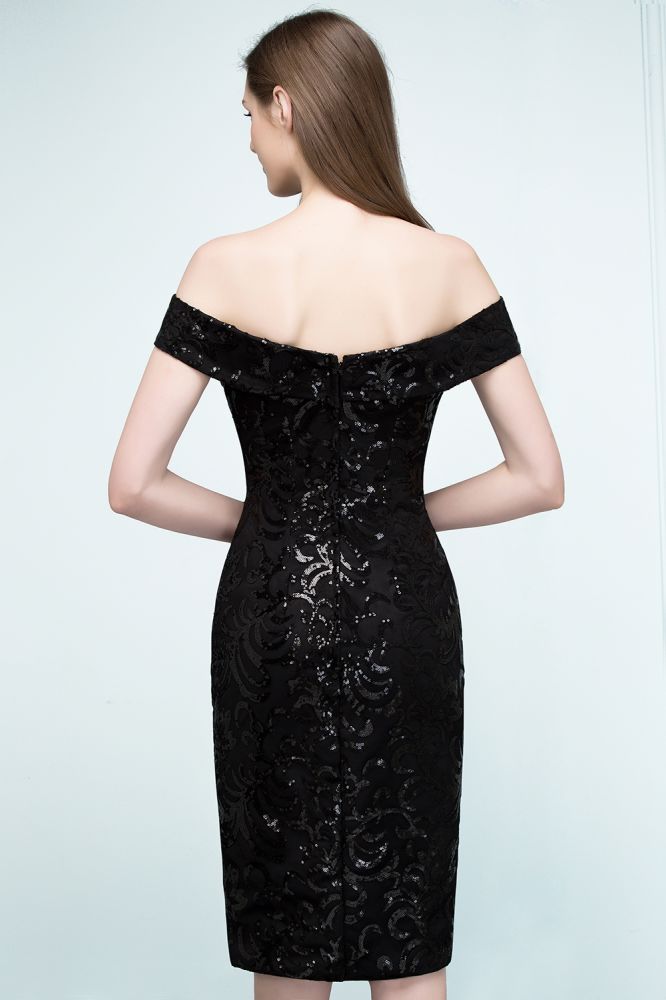 Vestidos de fiesta negros cortos con lentejuelas y hombros descubiertos