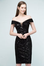 Vestidos de fiesta negros cortos con lentejuelas y hombros descubiertos