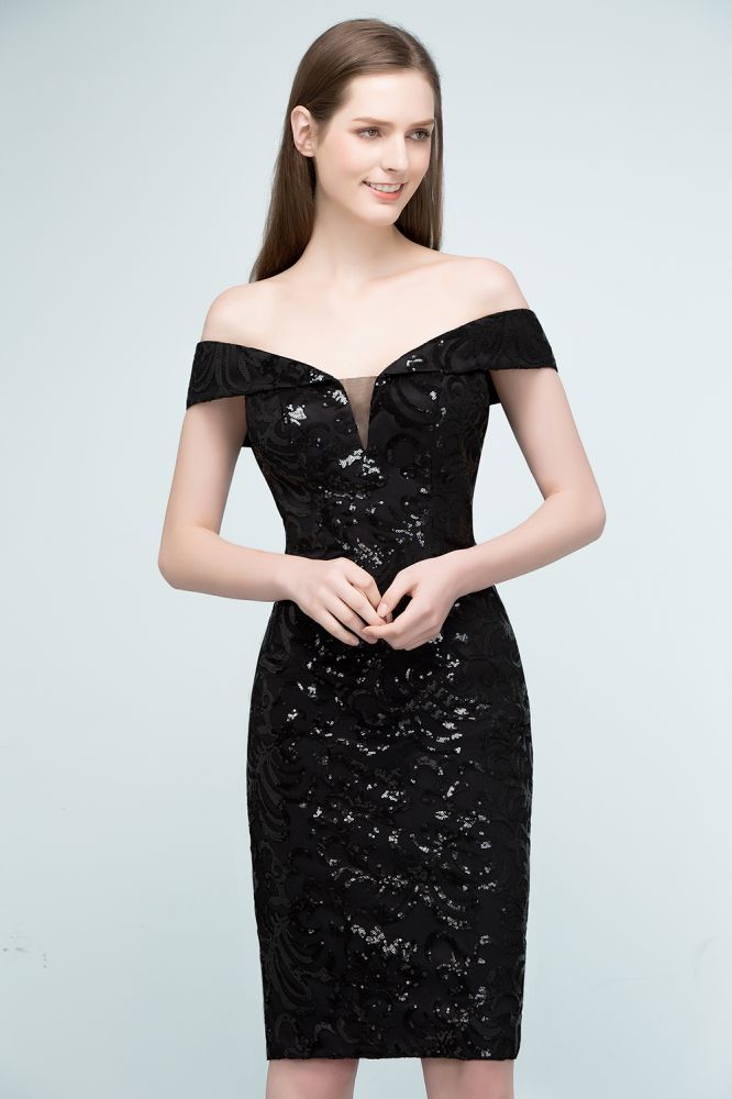 Vestidos de fiesta negros cortos con lentejuelas y hombros descubiertos