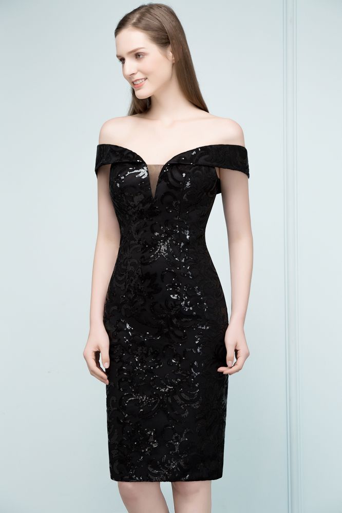 Vestidos de fiesta negros cortos con lentejuelas y hombros descubiertos