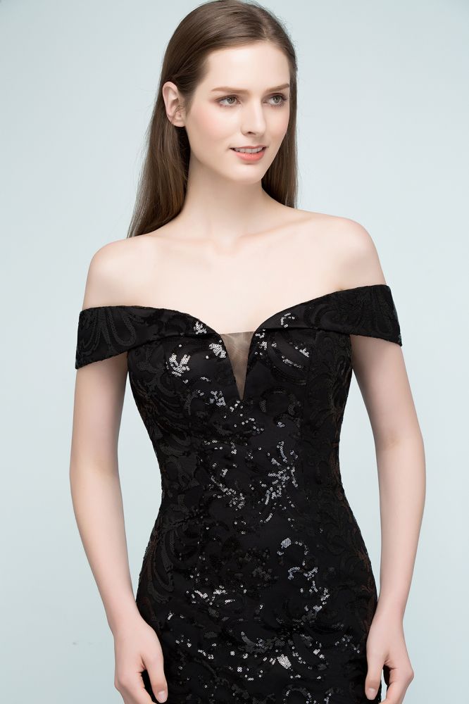 Vestidos de fiesta negros cortos con lentejuelas y hombros descubiertos