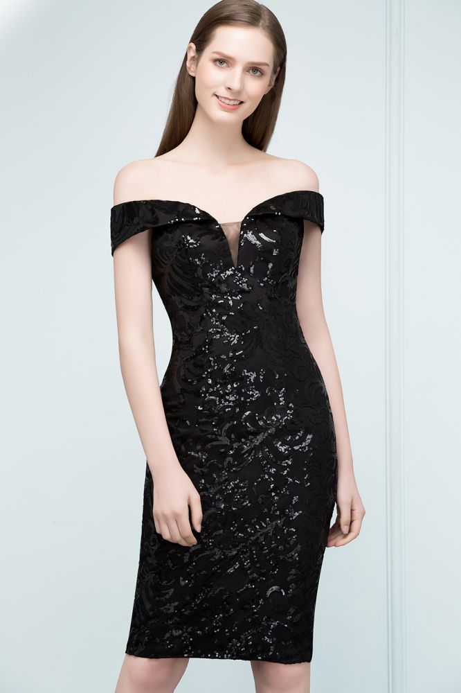 Vestidos de fiesta negros cortos con lentejuelas y hombros descubiertos