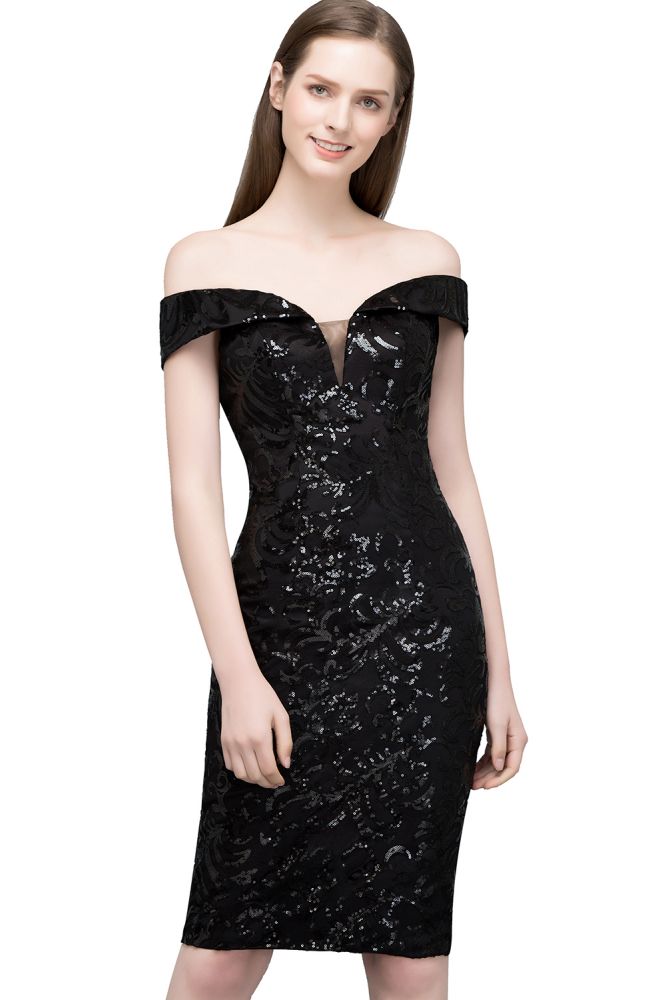 Vestidos de fiesta negros cortos con lentejuelas y hombros descubiertos