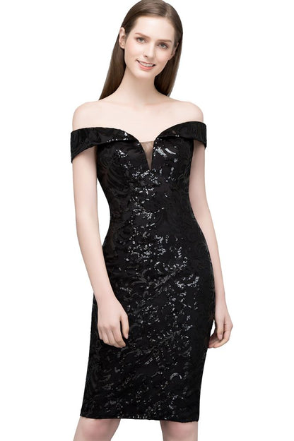 Kurzes, schulterfreies, schwarzes Ballkleid mit Pailletten