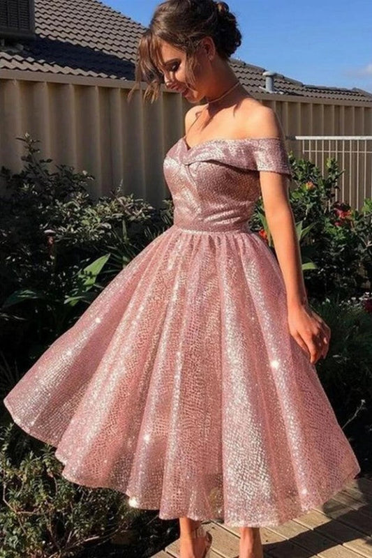 Kurzes, schulterfreies, rückenfreies, glitzerndes Ballkleid mit Pailletten in A-Linie