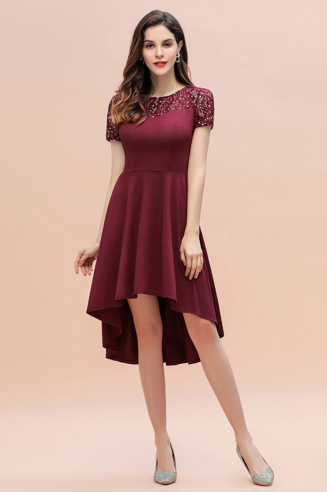 Kurzarm Pailletten Hi-Lo Cocktail Party Kleid Burgund Aline Täglich Casual Kleid