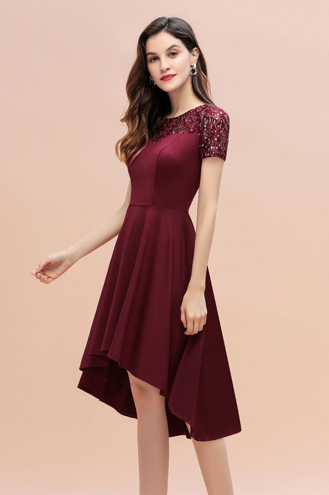 Kurzarm Pailletten Hi-Lo Cocktail Party Kleid Burgund Aline Täglich Casual Kleid