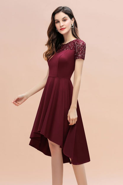 Kurzarm Pailletten Hi-Lo Cocktail Party Kleid Burgund Aline Täglich Casual Kleid