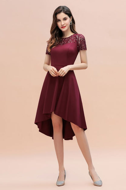 Kurzarm Pailletten Hi-Lo Cocktail Party Kleid Burgund Aline Täglich Casual Kleid