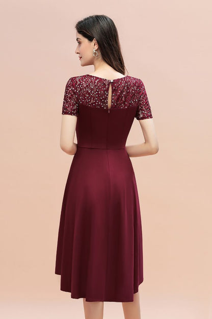 Kurzarm Pailletten Hi-Lo Cocktail Party Kleid Burgund Aline Täglich Casual Kleid