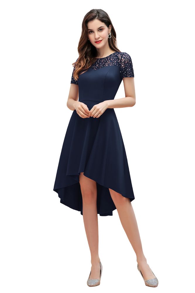 Kurzarm Pailletten Hi-Lo Cocktail Party Kleid Burgund Aline Täglich Casual Kleid