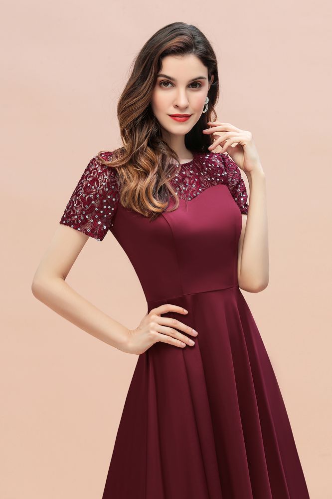 Kurzarm Pailletten Hi-Lo Cocktail Party Kleid Burgund Aline Täglich Casual Kleid