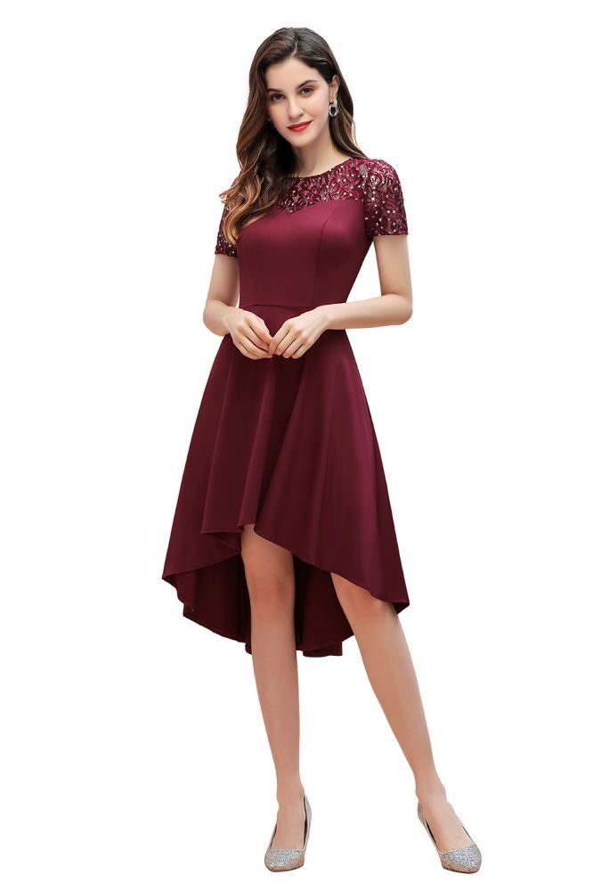 Kurzarm Pailletten Hi-Lo Cocktail Party Kleid Burgund Aline Täglich Casual Kleid