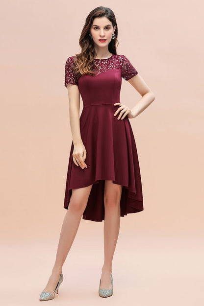 Kurzarm Pailletten Hi-Lo Cocktail Party Kleid Burgund Aline Täglich Casual Kleid