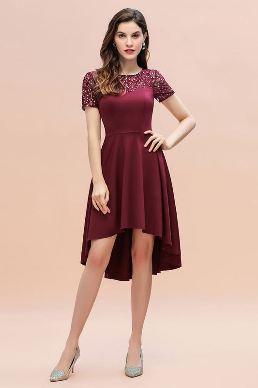 Kurzarm Pailletten Hi-Lo Cocktail Party Kleid Burgund Aline Täglich Casual Kleid