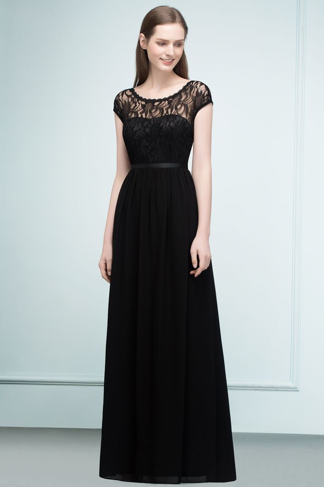 Vestidos de dama de honor de manga corta con encaje, corte A, largo hasta el suelo, con faja