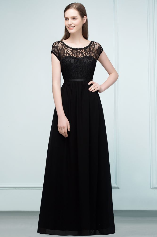 Vestidos de dama de honor de manga corta con encaje, corte A, largo hasta el suelo, con faja