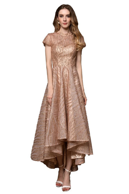 Kurzärmliges Hi-Lo-Cocktailkleid mit Pailletten und Perlen