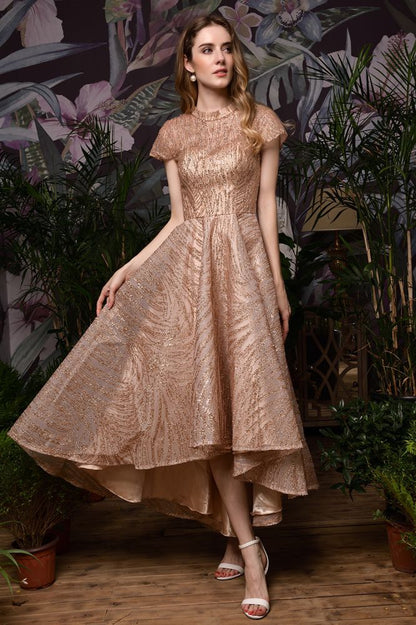 Kurzärmliges Hi-Lo-Cocktailkleid mit Pailletten und Perlen