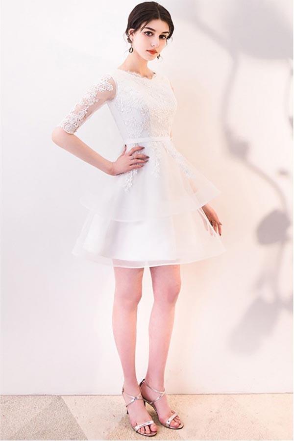 Kurzes weißes Partykleid mit Rüschen und Spitze, Homecoming-Kleid mit halblangen Ärmeln, PD063