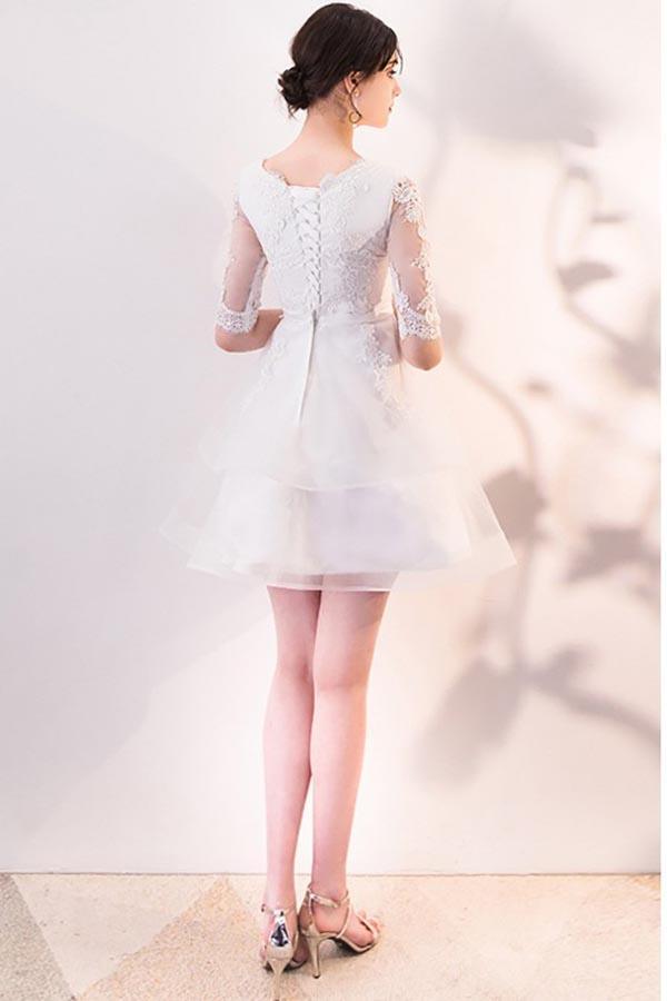 Kurzes weißes Partykleid mit Rüschen und Spitze, Homecoming-Kleid mit halblangen Ärmeln, PD063