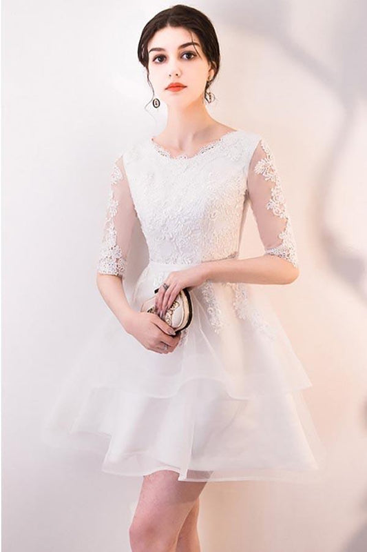 Kurzes weißes Partykleid mit Rüschen und Spitze, Homecoming-Kleid mit halblangen Ärmeln, PD063