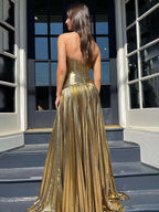 Sileas | Vestido largo formal plisado metalizado con escote corazón turquesa y abertura