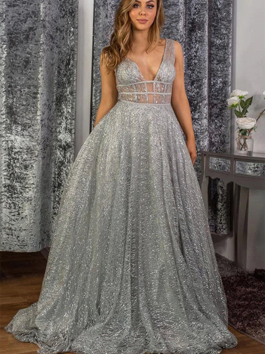 Silbergraues langes A-Linien-Ballkleid mit Pailletten und V-Ausschnitt und offenem Rücken