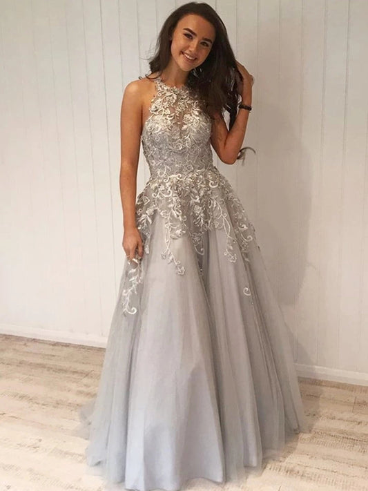 Silbernes langes A-Linien-Neckholder-Tüll-Spitzen-Ballkleid