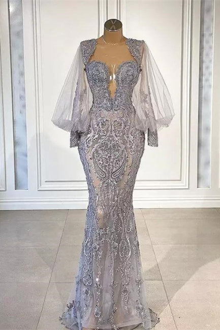 Silbernes langes Meerjungfrau-Abendkleid mit Glitzerspitze und langen Ärmeln