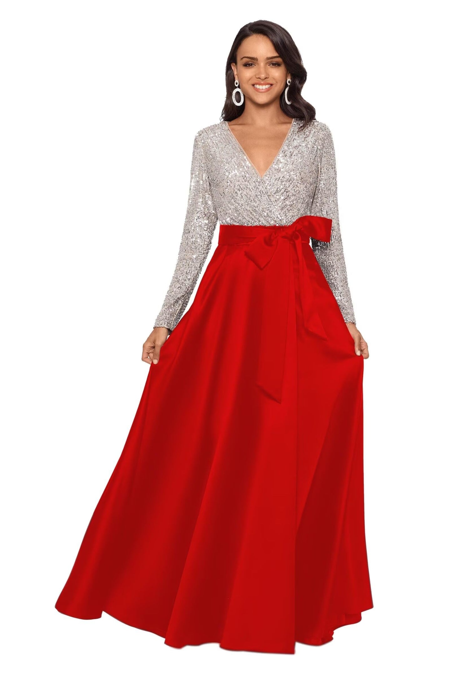Langärmliges Kleid mit Schleife, Paillettenoberteil und Schleife