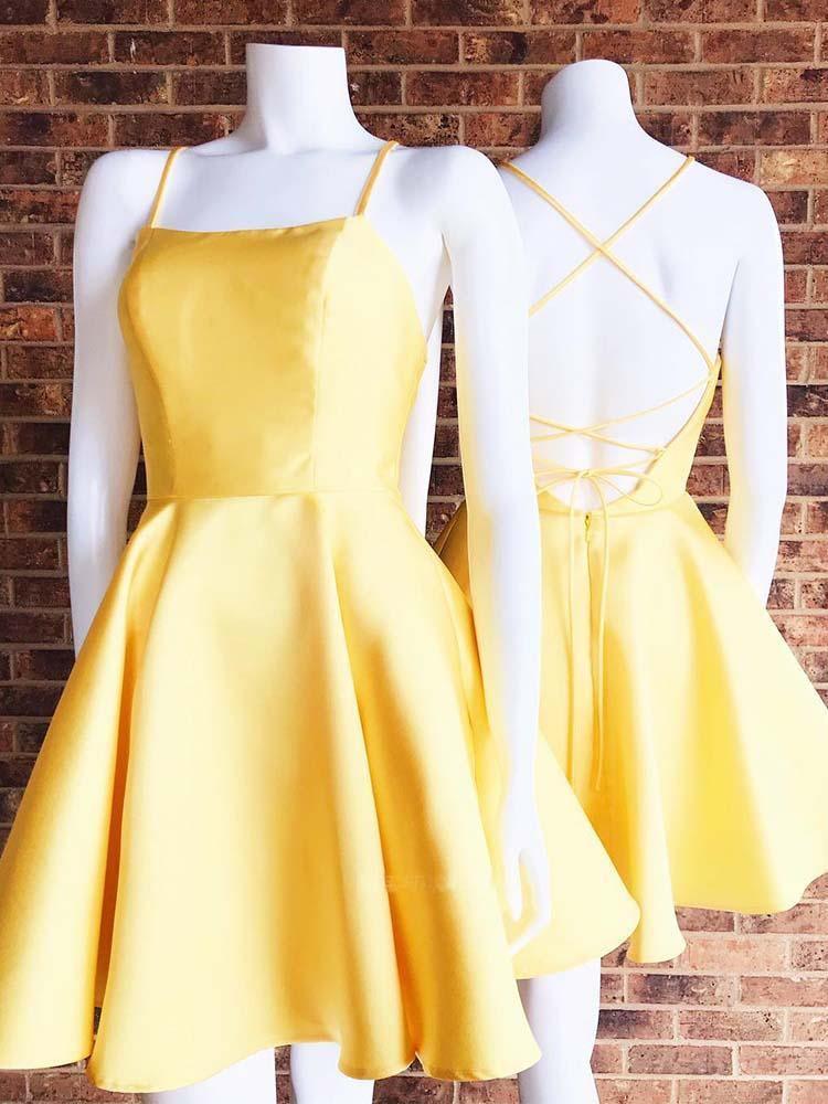 Einfaches A-Linien-Abendkleid mit gekreuztem Rücken und Taschen in Gelb, kurzes Homecoming-Kleid PD280