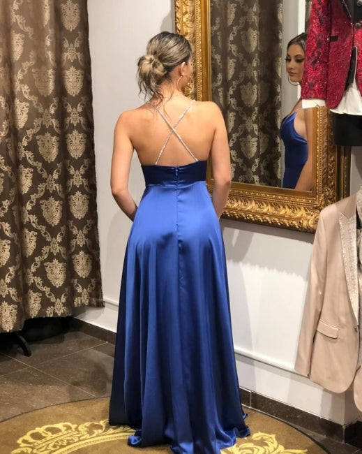 Schlichtes, langes, blaues Abendkleid in A-Linie mit Schlitz vorne und Trägern
