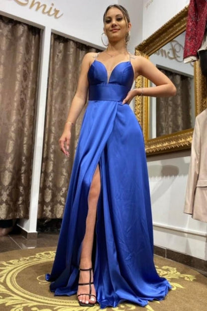 Schlichtes, langes, blaues Abendkleid in A-Linie mit Schlitz vorne und Trägern