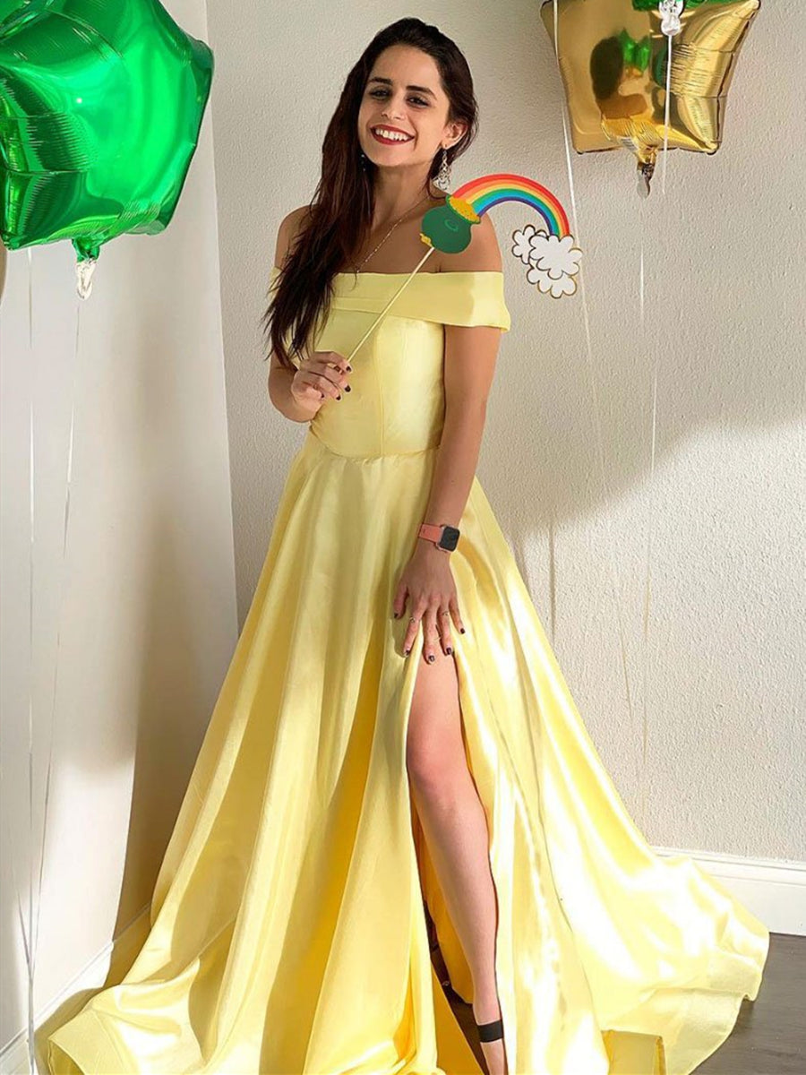 Vestidos de fiesta largos de satén con hombros descubiertos y corte A sencillos con abertura