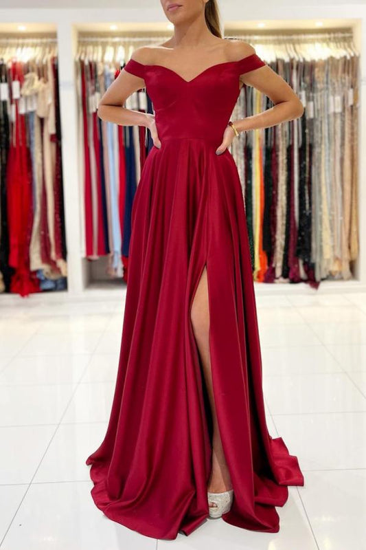 Schlichtes, schulterfreies, langes Ballkleid aus Stretch-Satin in A-Linie mit Schlitz