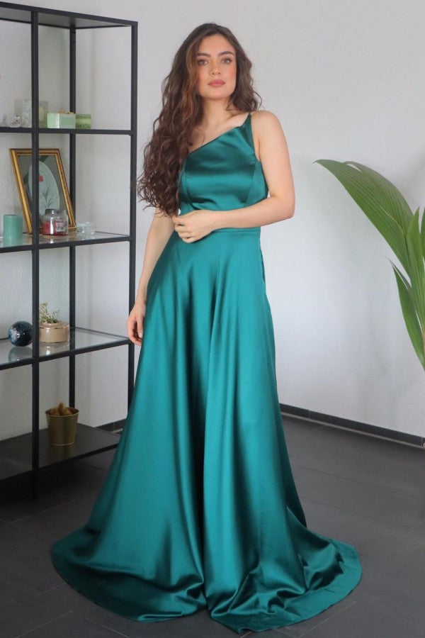 Schlichtes langes A-Linien-Ballkleid aus Satin mit einer Schulter