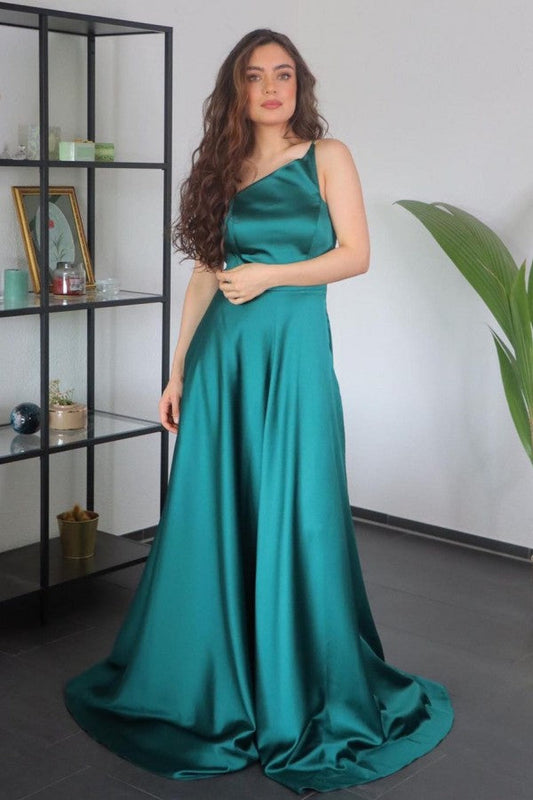 Schlichtes langes A-Linien-Ballkleid aus Satin mit einer Schulter