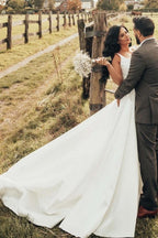 Simple A-line Satin Sleeveless Wedding Dress With Side Slit