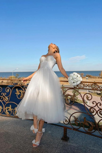 Simple A-Line Short Spaghetti Straps Tulle Wedding Dresses