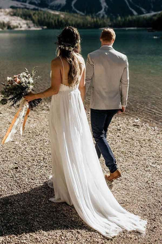 Schlichtes A-Linie Spaghettiträger Strand Chiffon Brautkleid mit Spitze WD317