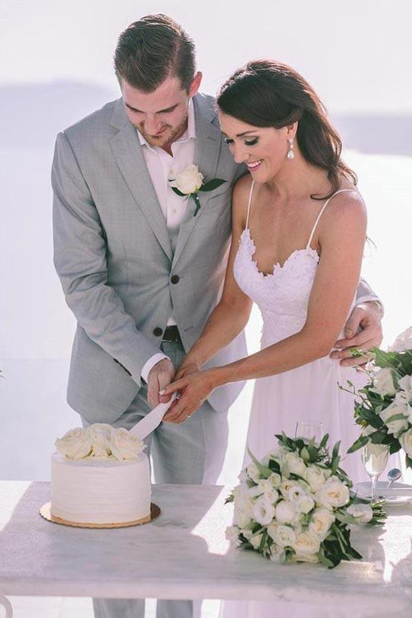 Schlichtes A-Linie Spaghettiträger Strand Chiffon Brautkleid mit Spitze WD317