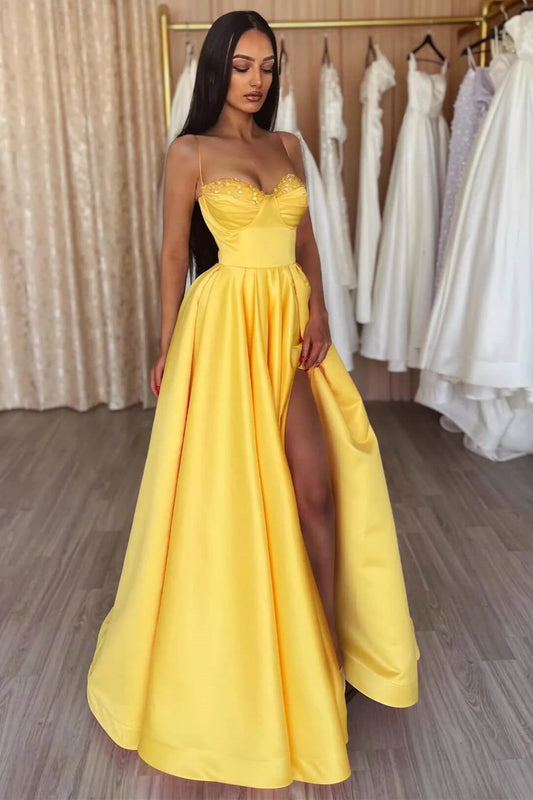 Schlichtes A-Linien-Ballkleid mit Spaghettiträgern und Pailletten, ärmellos, mit Schlitz