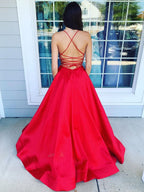 Vestido de fiesta formal largo de satén con escote en V, espalda descubierta y bolsillos.