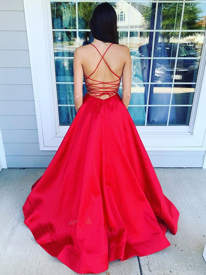 Schlichtes, rückenfreies A-Linien-Ballkleid aus Satin mit V-Ausschnitt und Taschen
