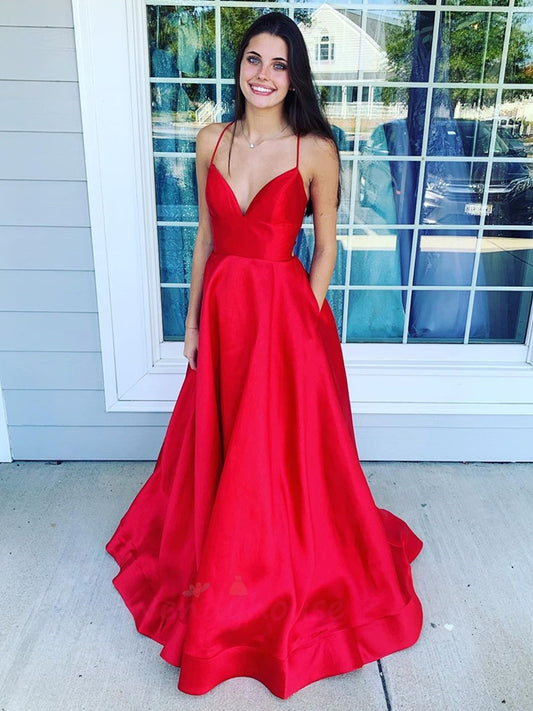 Schlichtes, rückenfreies A-Linien-Ballkleid aus Satin mit V-Ausschnitt und Taschen