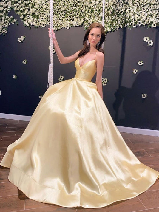 Einfaches A-Linie V-Ausschnitt Rückenfreies Satin Langes Ballkleid